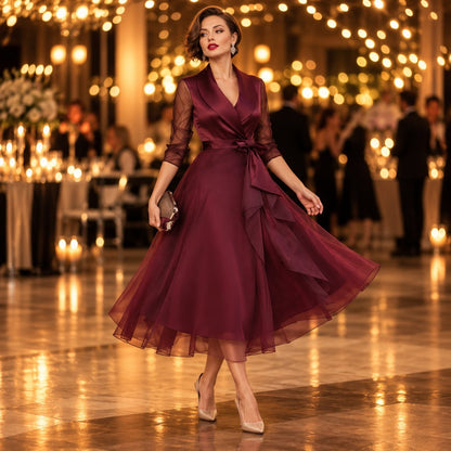 Elegant Burgundy Cocktail Dress with Collar and Waist Belt 2