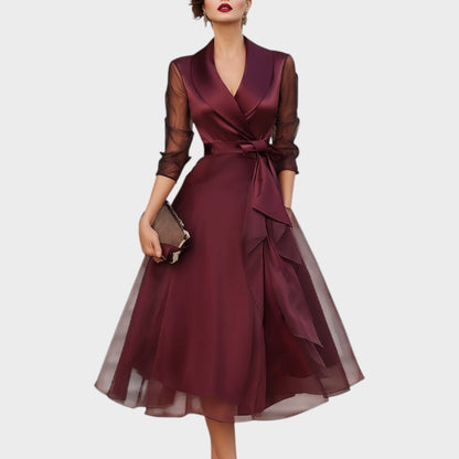 Elegant Burgundy Cocktail Dress with Collar and Waist Belt 3