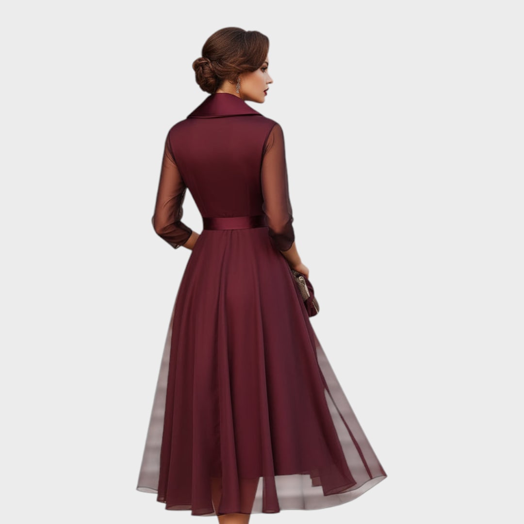 Elegant Burgundy Cocktail Dress with Collar and Waist Belt 4