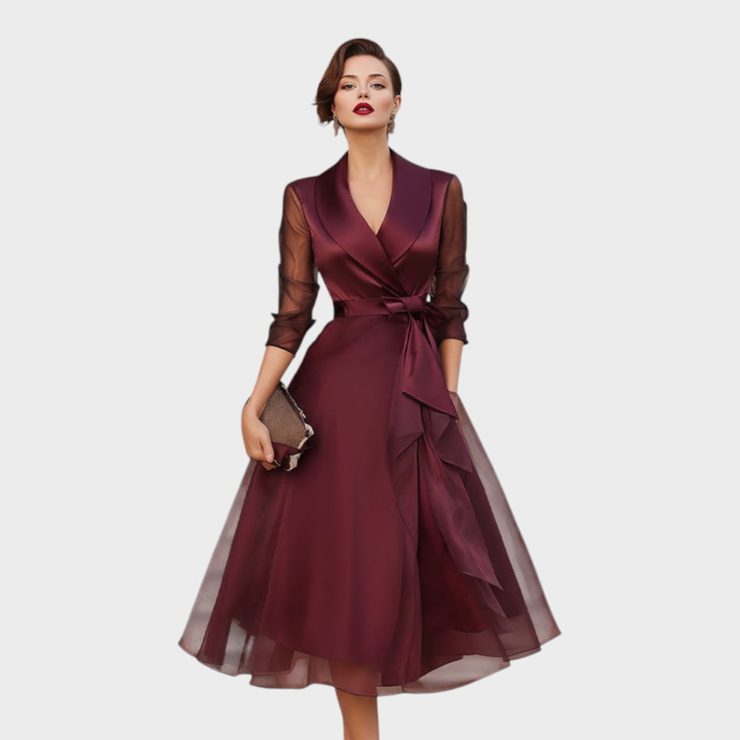 Elegant Burgundy Cocktail Dress with Collar and Waist Belt 5