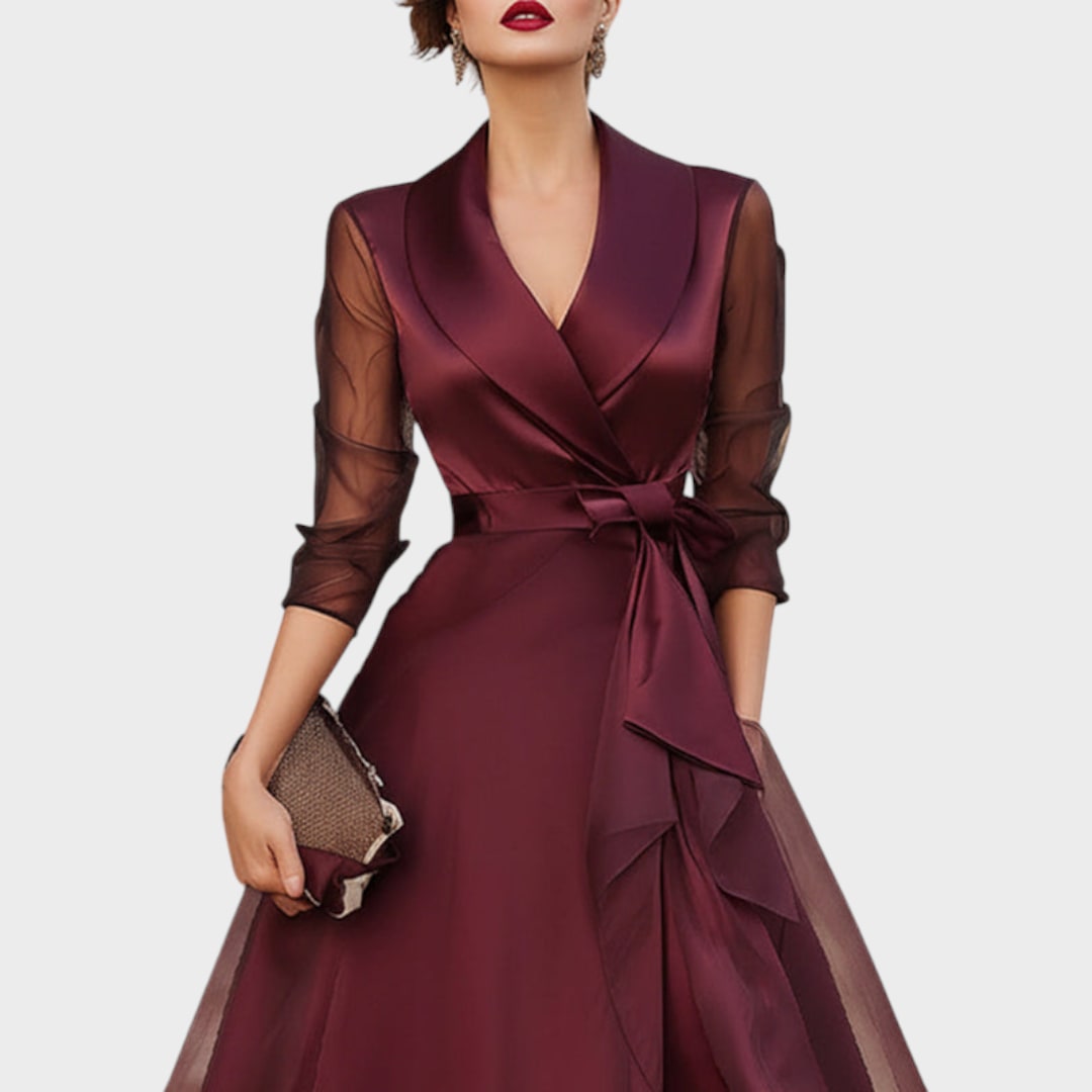 Elegant Burgundy Cocktail Dress with Collar and Waist Belt 6