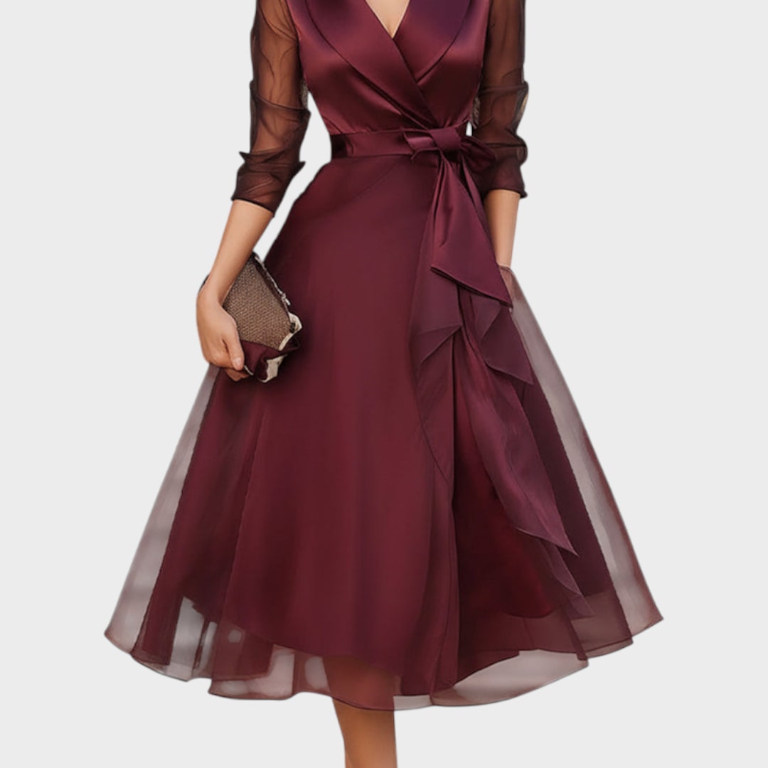 Elegant Burgundy Cocktail Dress with Collar and Waist Belt 7