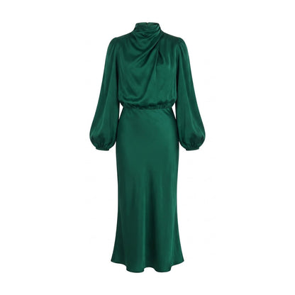 Dark green long sleeve satin midi dress with draped cowl neck and elasticated waist