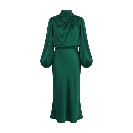 Dark green long sleeve satin midi dress with draped cowl neck and elasticated waist