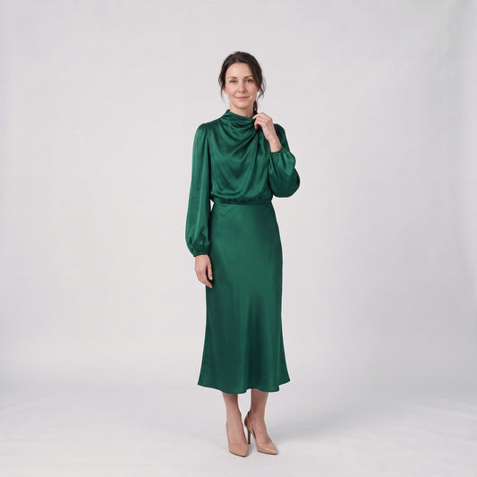 Elegant Long Sleeve Satin Midi Dress with Cowl Neck