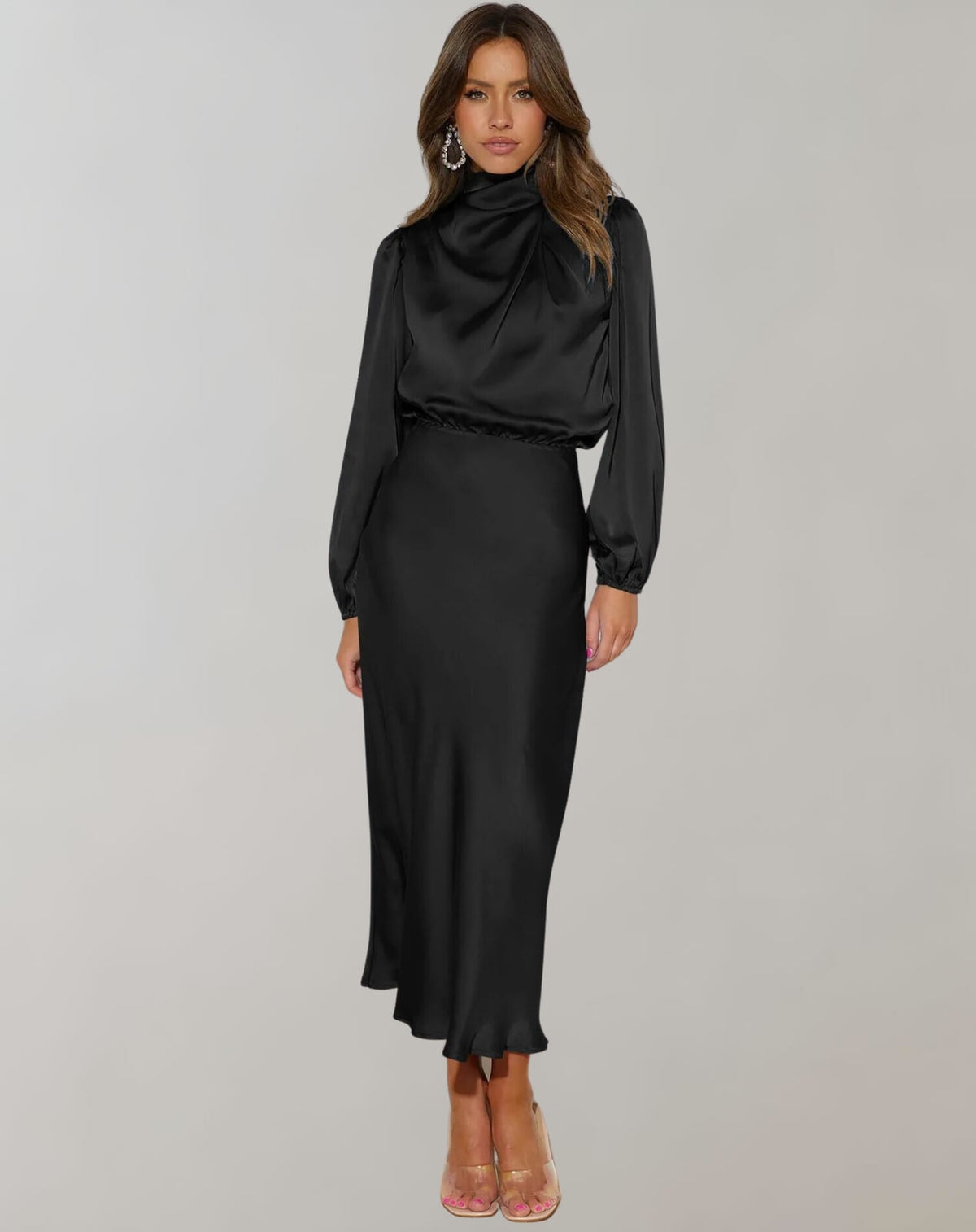 Black satin midi dress with cowl neck and long sleeves