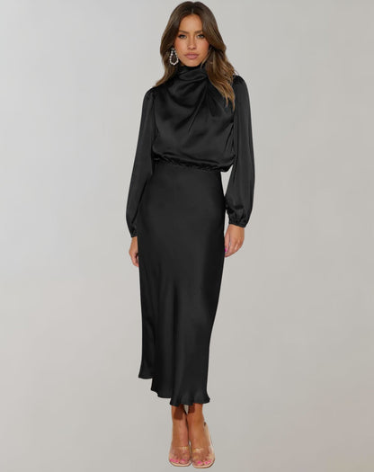 Black satin midi dress with cowl neck and long sleeves