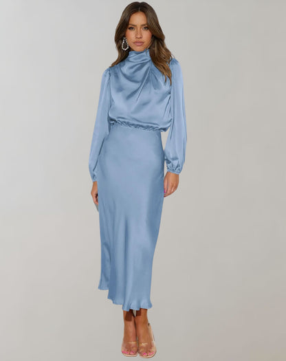 Sky blue satin midi dress with cowl neck and long sleeves