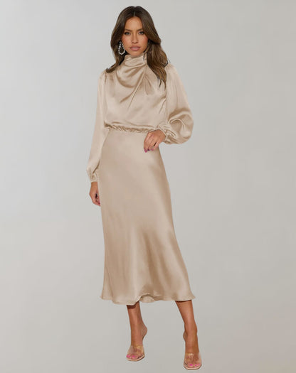 Champagne satin midi dress with cowl neck and long sleeves