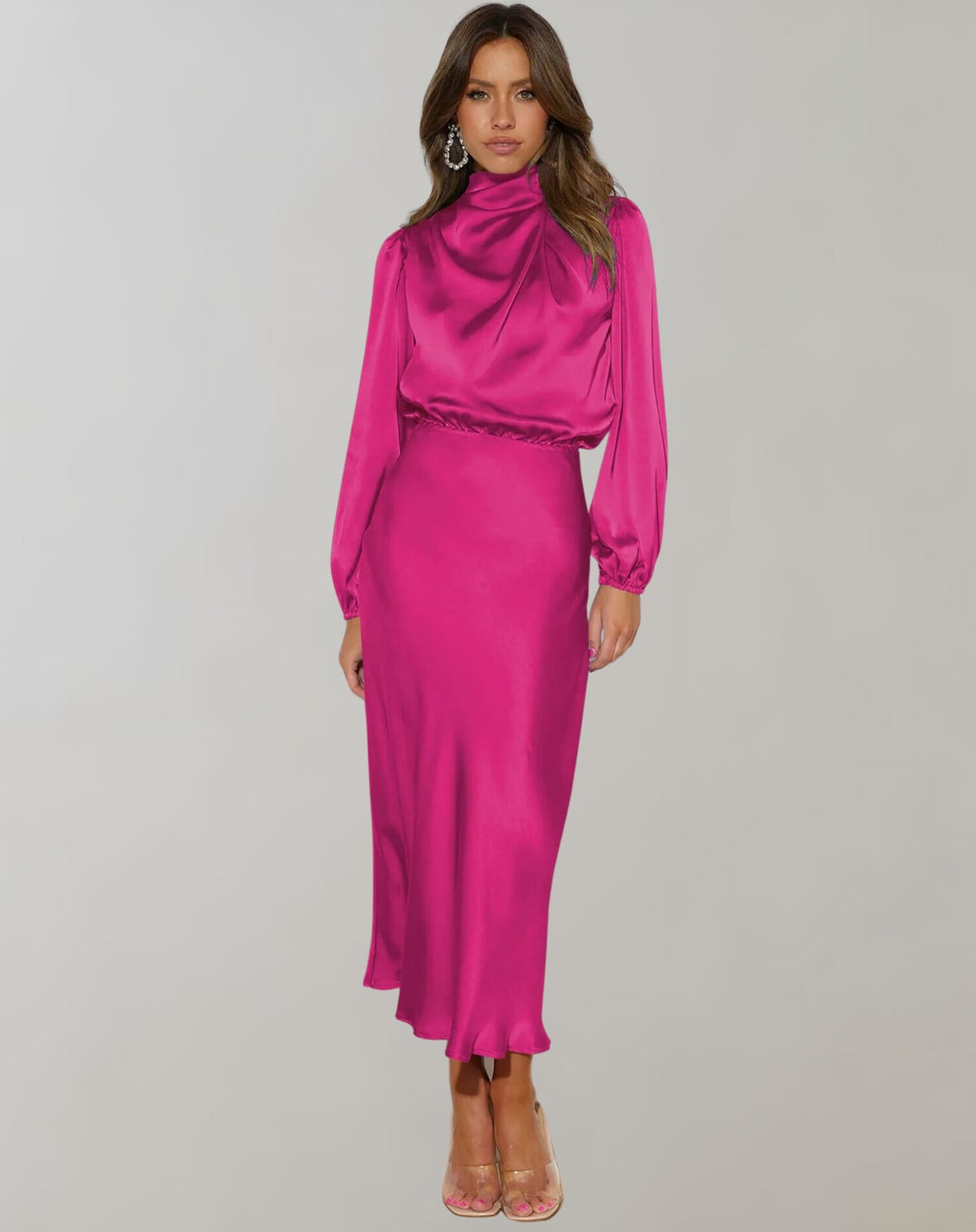 Hot pink satin midi dress with cowl neck and long sleeves