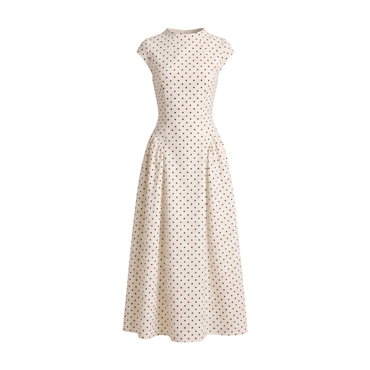 White polka dot maxi dress with high neck, cap sleeves and pleated A-line skirt
