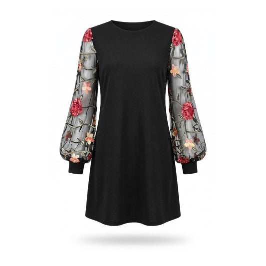 Black long sleeve shift dress with sheer floral embroidered balloon sleeves