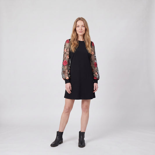 Elegant Long Sleeve Floral Dress, Shift Dress with Sheer Embroidered Balloon Sleeves