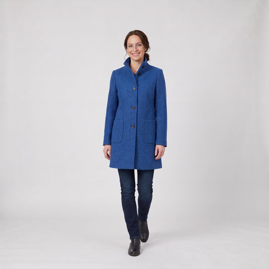 Woman wearing the elegant stand collar coat with patch pockets
