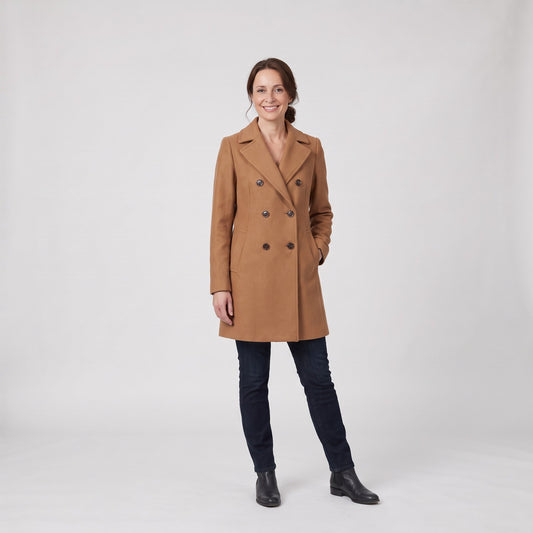 Woman wearing the elegant wool blend winter coat with classic lapels