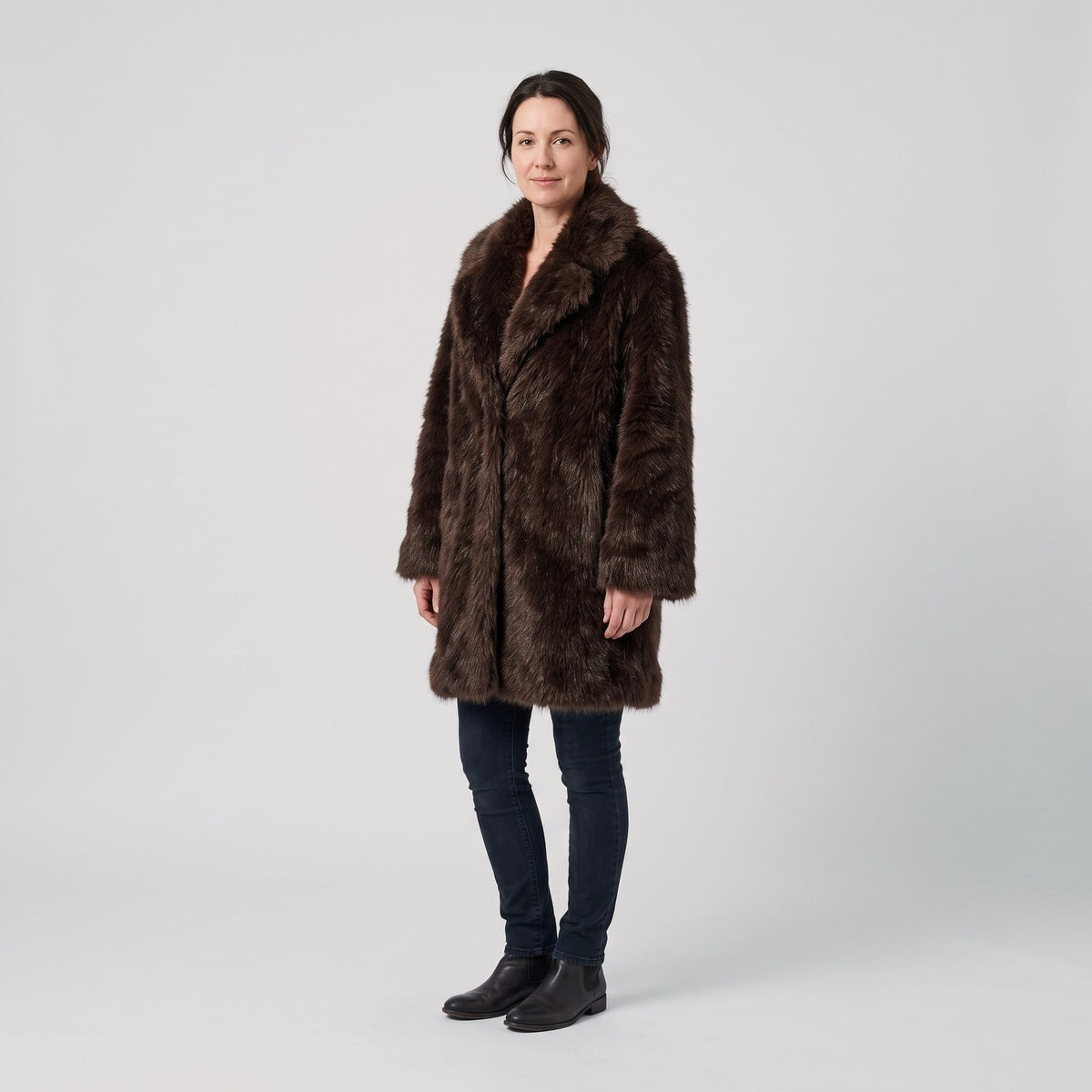 Long Coat in Faux Fur, Shaggy Winter Coat with Wide Lapels 1