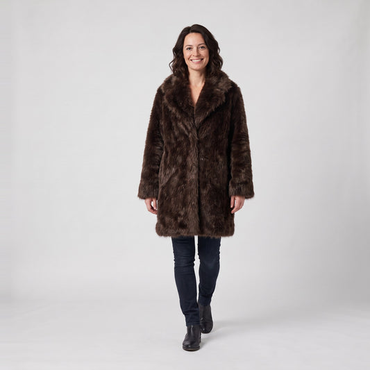 Woman wearing the shaggy faux fur long winter coat with wide lapels