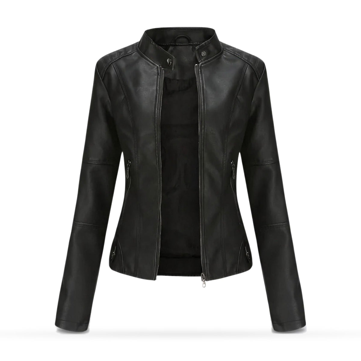 Leather Jacket for Women, Fitted Zip Jacket with Stand Collar 1
