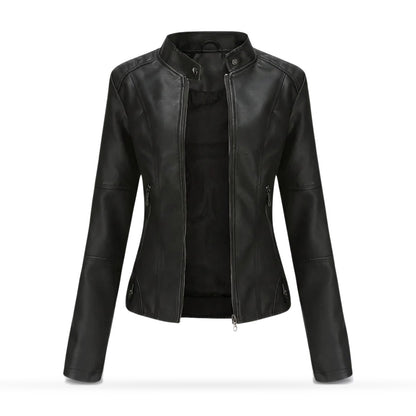 Leather Jacket for Women, Fitted Zip Jacket with Stand Collar 1