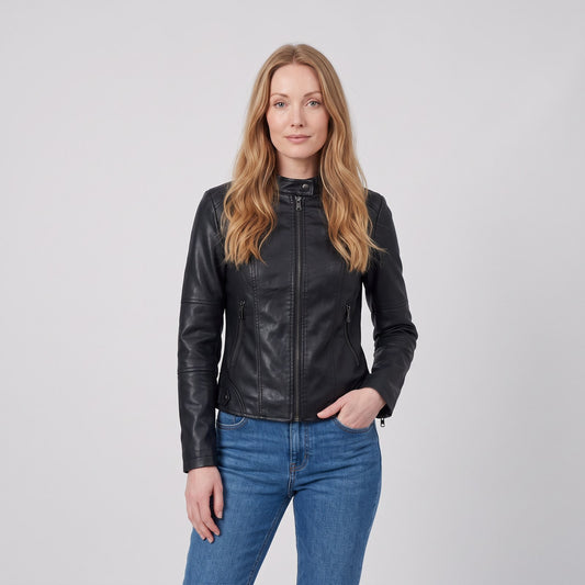 Leather Jacket for Women, Fitted Biker Style Zip Jacket with Stand Collar