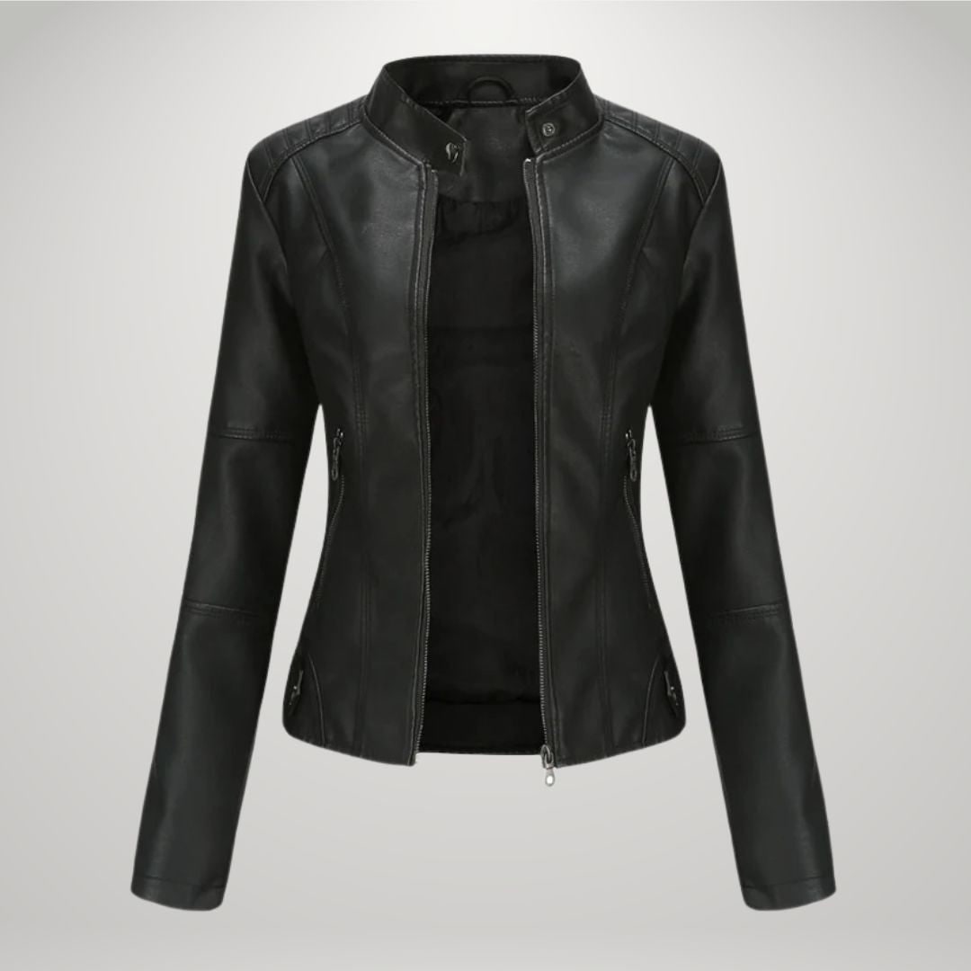 Leather Jacket for Women, Fitted Zip Jacket with Stand Collar 3