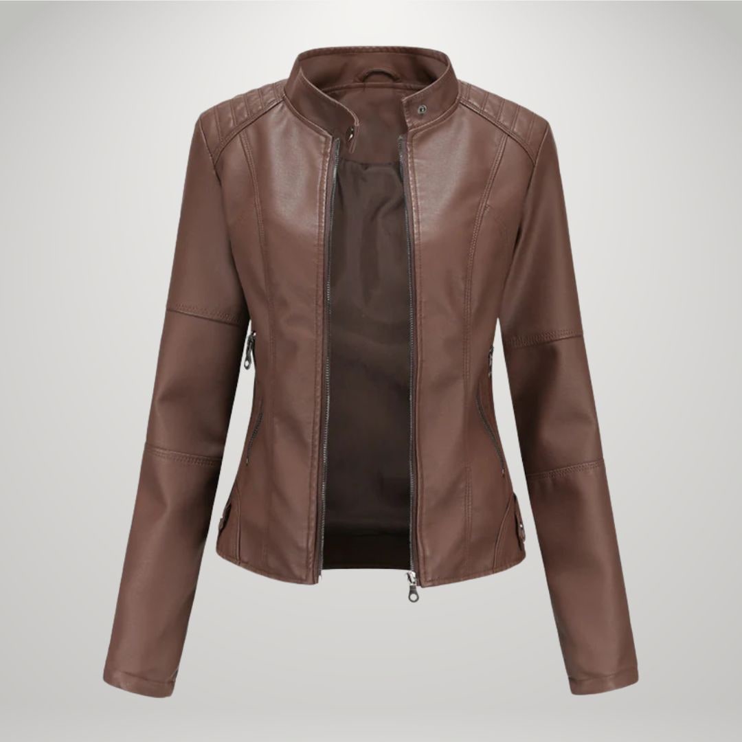 Leather Jacket for Women, Fitted Zip Jacket with Stand Collar 9