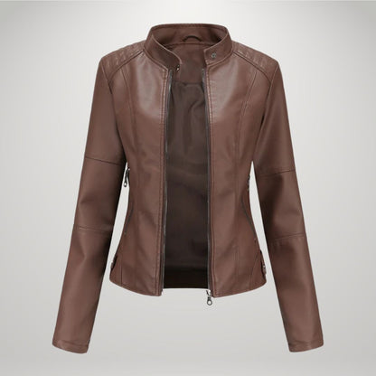 Leather Jacket for Women, Fitted Zip Jacket with Stand Collar 9