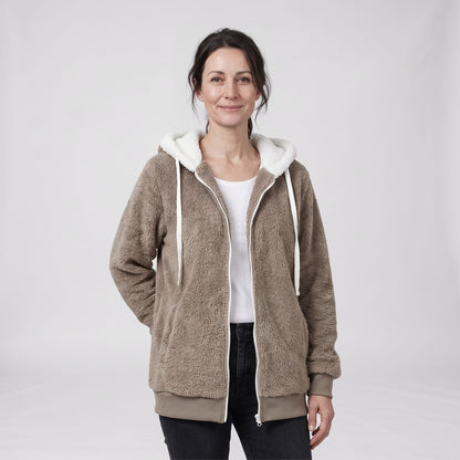 Fleece Hooded Jacket, Fluffy Zip Up Hoodie with Sherpa Lined Hood