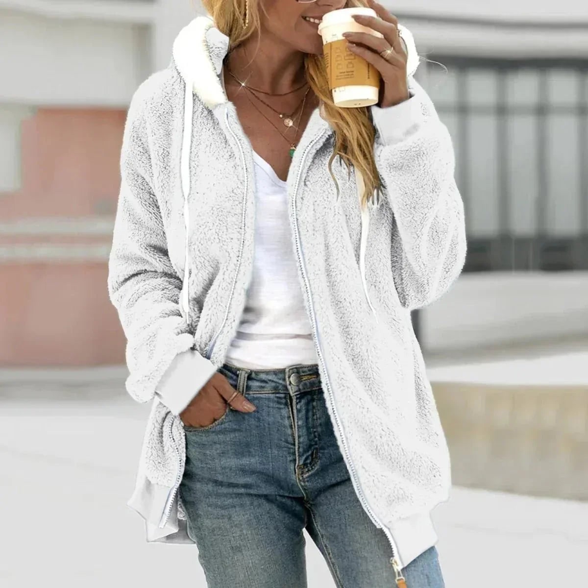 Fleece Jacket for Women, Fluffy Zip Up Hoodie with Sherpa 4