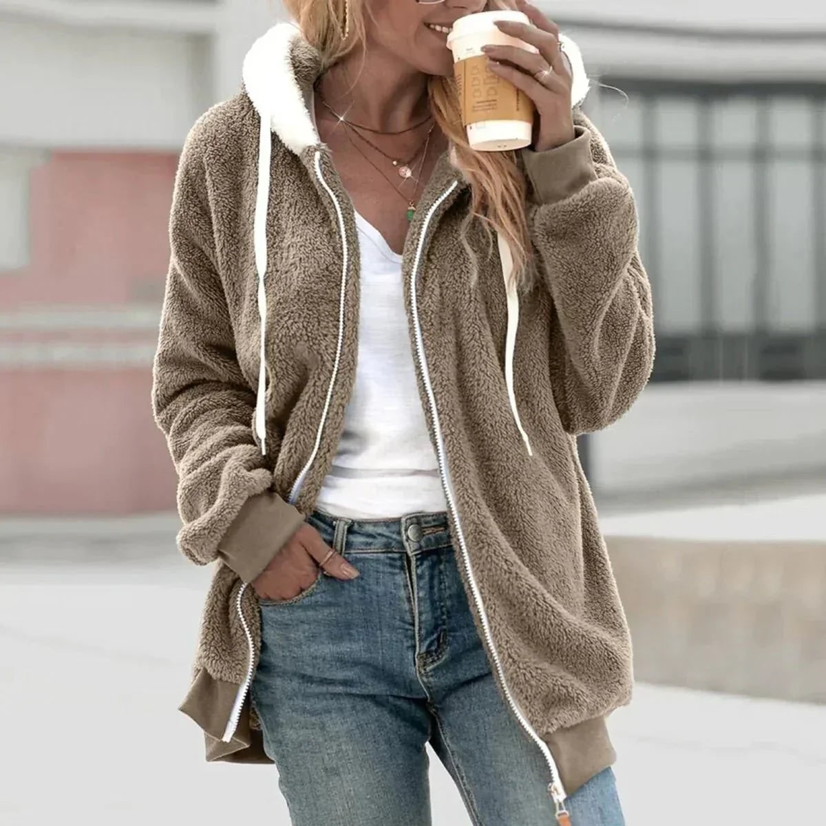 Fleece Jacket for Women, Fluffy Zip Up Hoodie with Sherpa 8