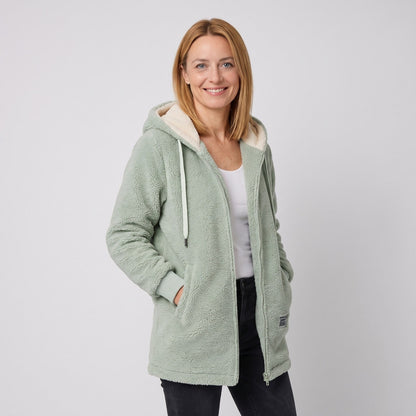 Light green zip fleece hoodie with sherpa lined hood and pockets