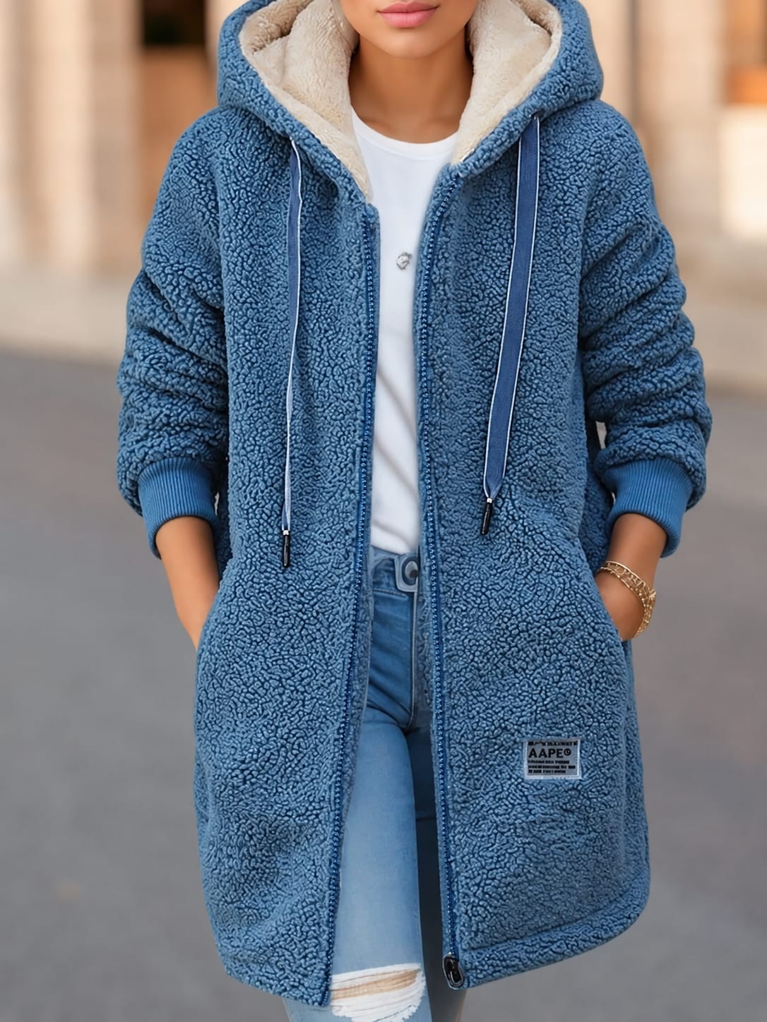 Blue zip fleece hoodie with sherpa lined hood