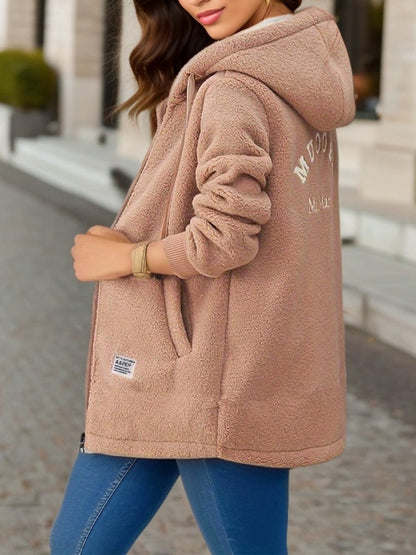 Khaki zip fleece hoodie with sherpa lined hood