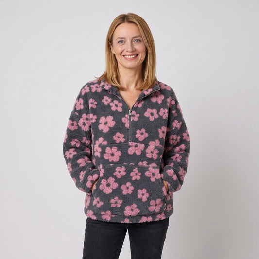 Fleece Jacket Cozy Floral Half Zip Oversized Teddy Fleece 1