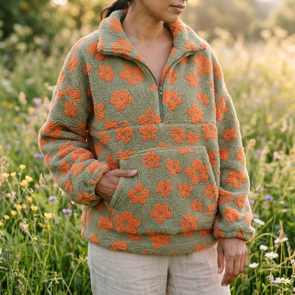 Fleece Jacket Cozy Floral Half Zip Oversized Teddy Fleece 3