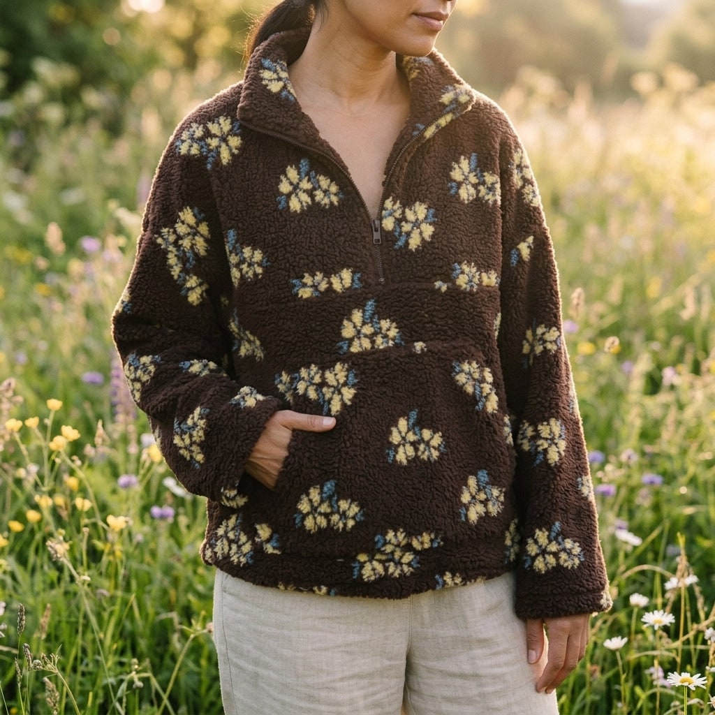 Fleece Jacket Cozy Floral Half Zip Oversized Teddy Fleece 4