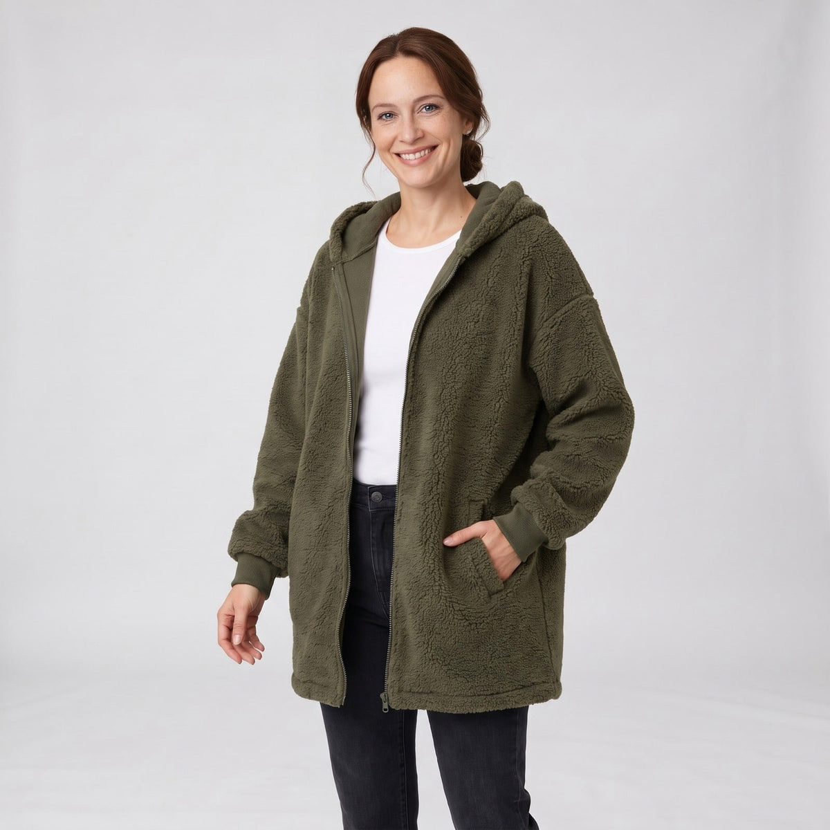 Fleece Jacket Hooded Fluffy Zip Jacket with Ribbed Cuffs 1