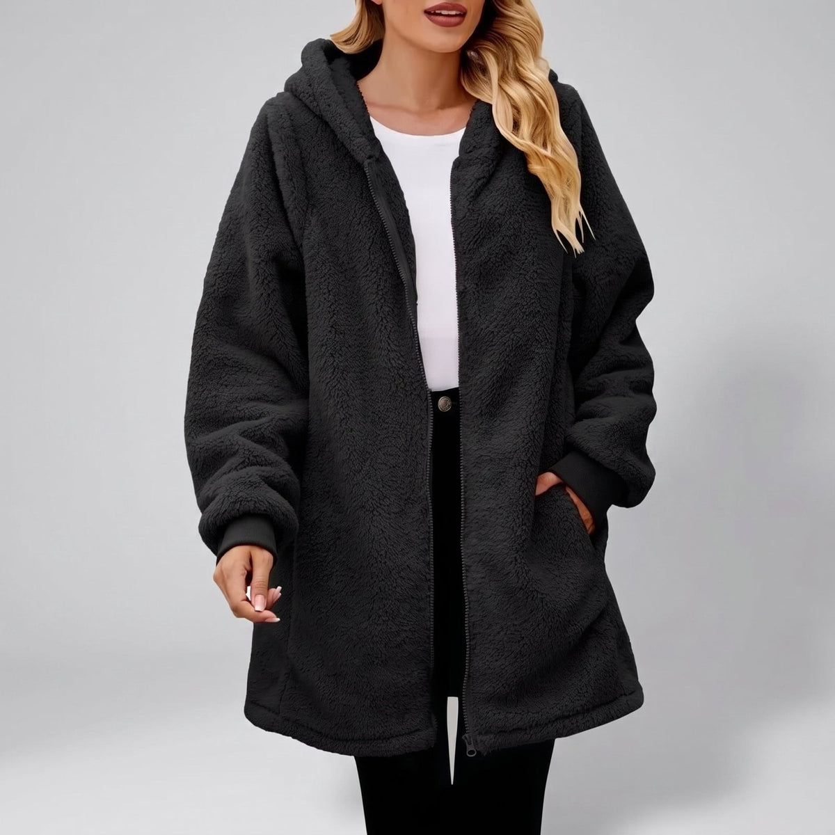 Fleece Jacket Hooded Fluffy Zip Jacket with Ribbed Cuffs 2