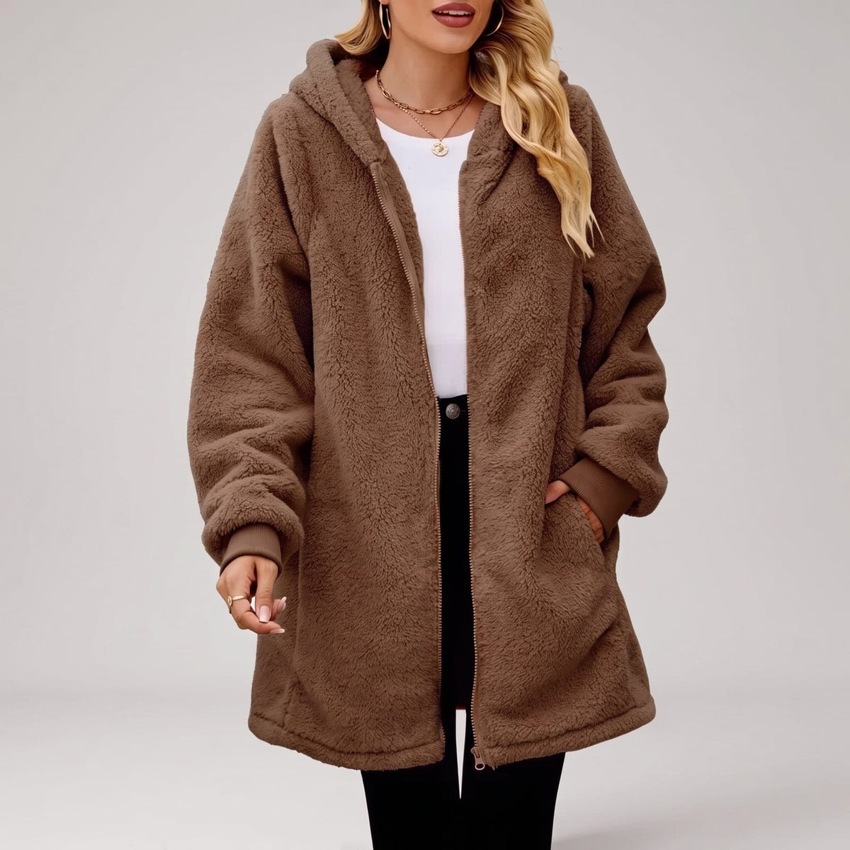 Fleece Jacket Hooded Fluffy Zip Jacket with Ribbed Cuffs 5