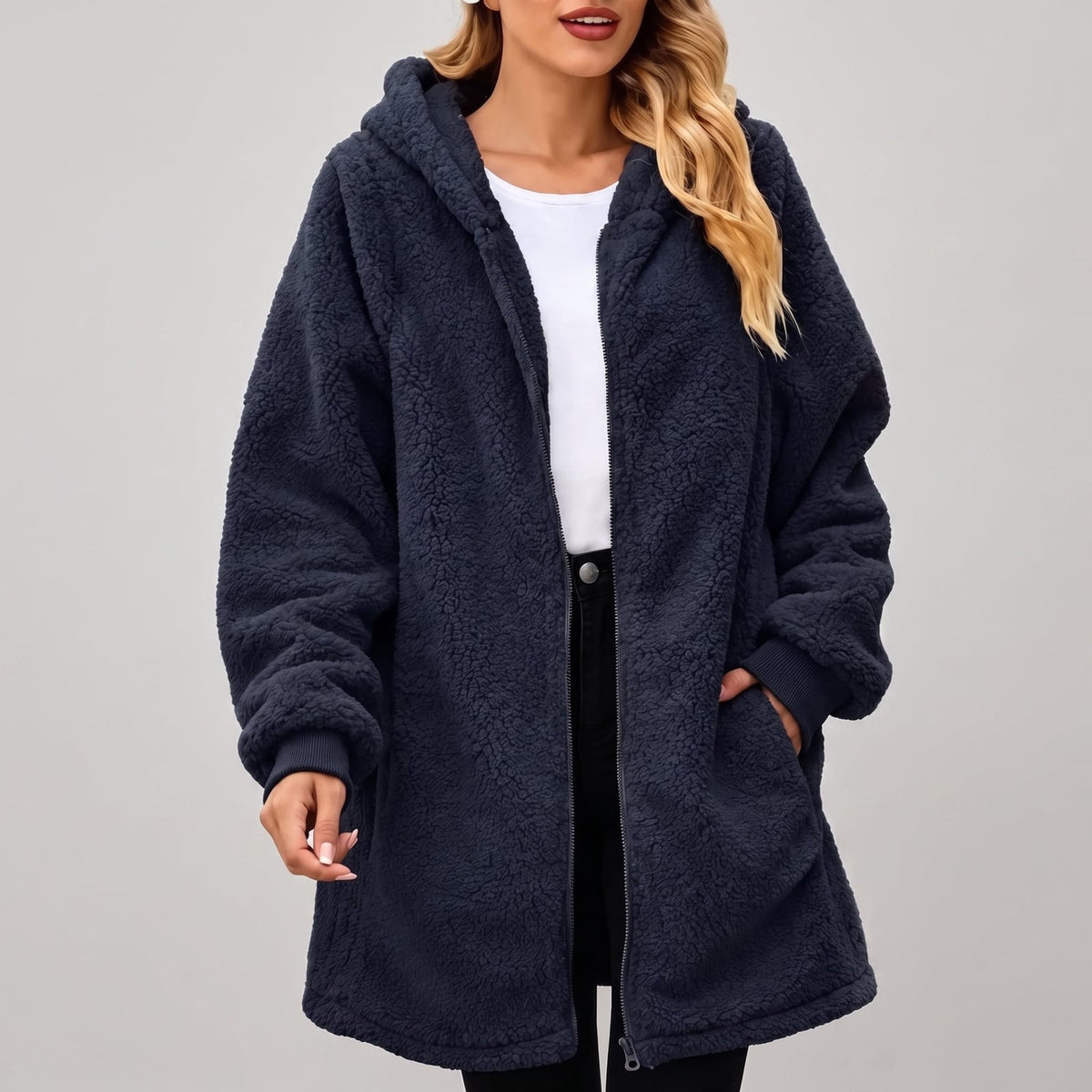 Fleece Jacket Hooded Fluffy Zip Jacket with Ribbed Cuffs 6