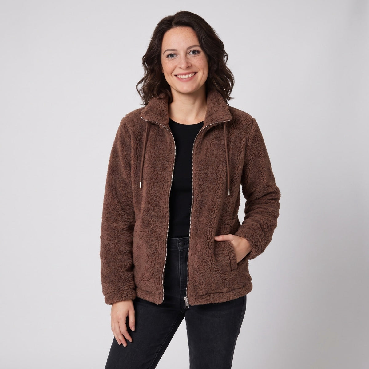 Dark brown plush coral fleece zip jacket with tall stand collar