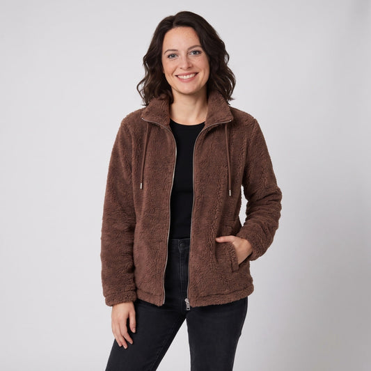 Dark brown plush coral fleece zip jacket with tall stand collar