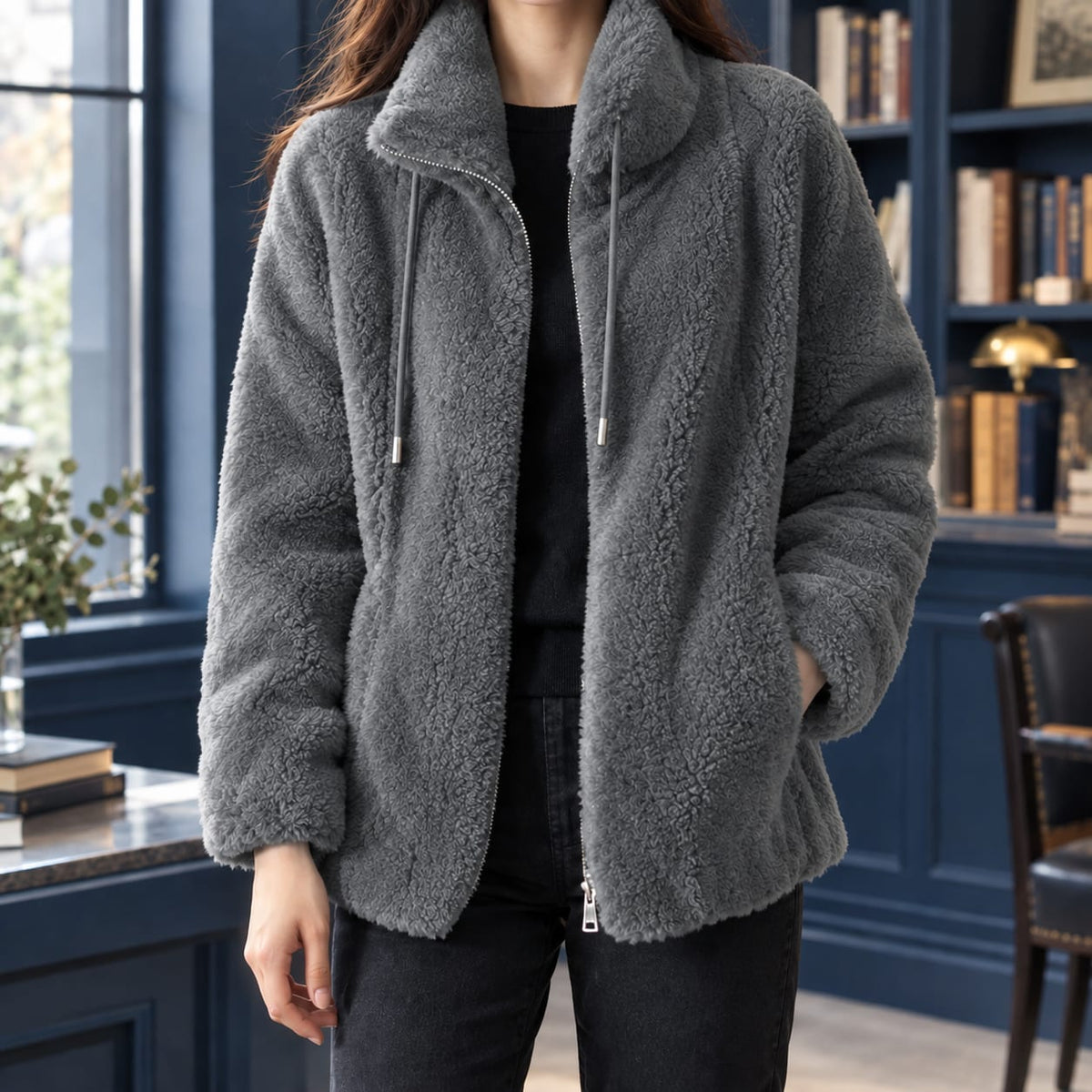 Grey plush coral fleece zip jacket