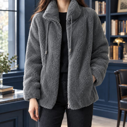 Grey plush coral fleece zip jacket