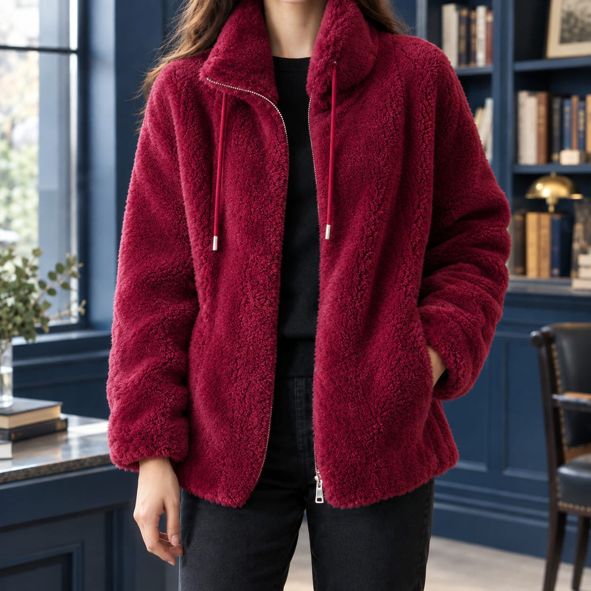 Wine red plush coral fleece zip jacket