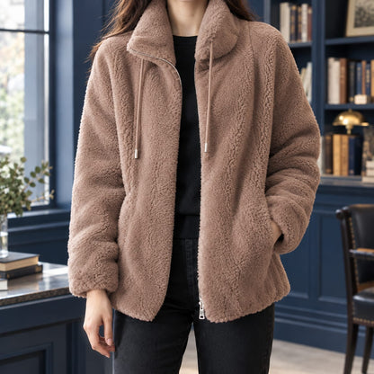 Light brown plush coral fleece zip jacket