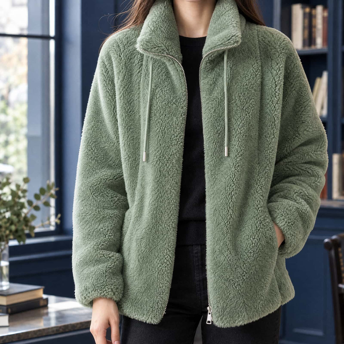 Green plush coral fleece zip jacket