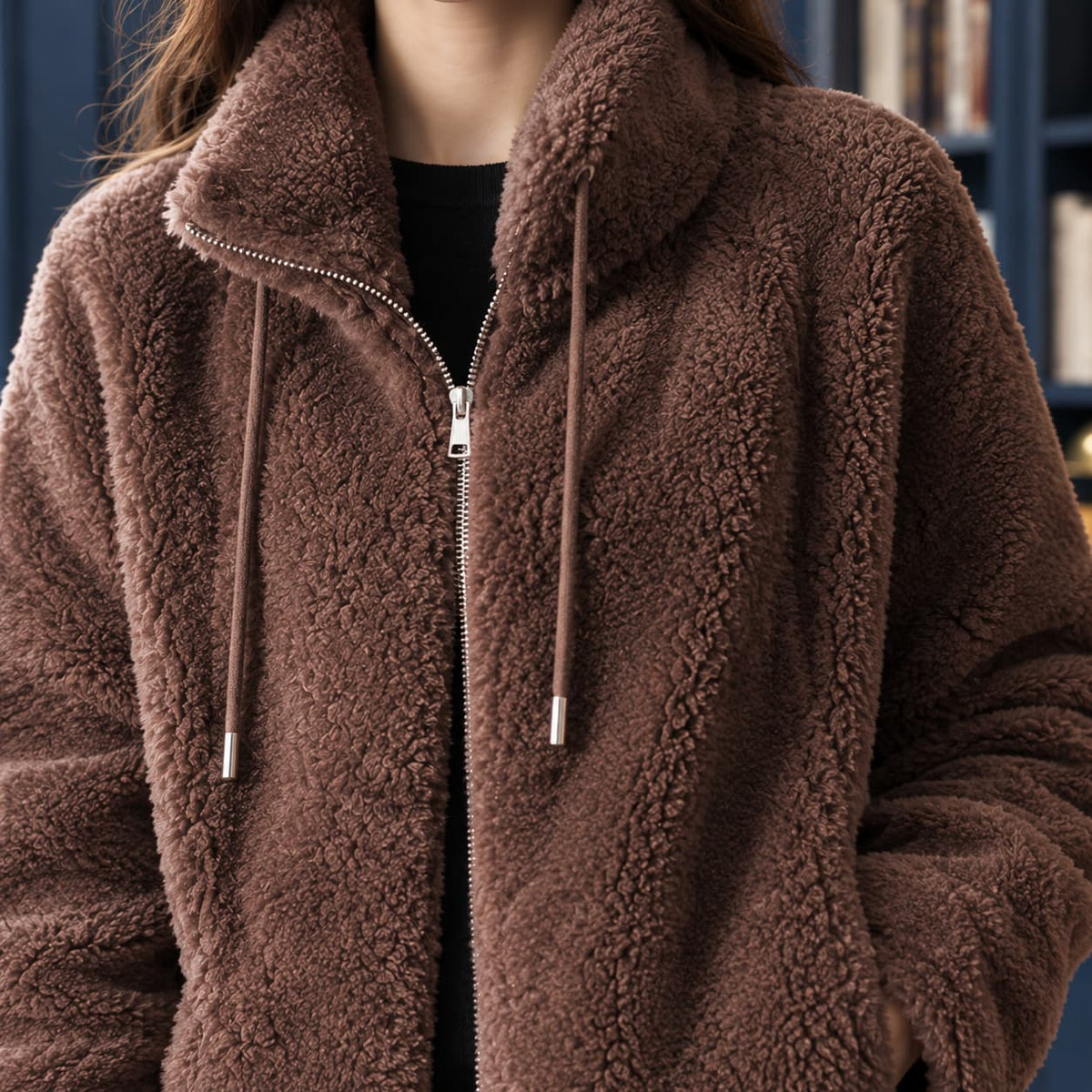 Fleece jacket close up of the plush texture and stand collar