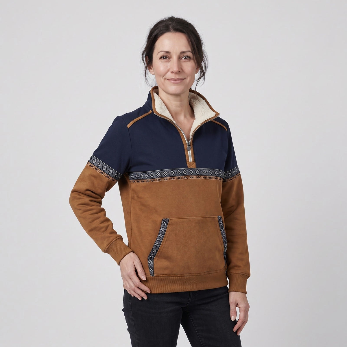 Fleece Jumper for Women, Half Zip Aztec Pullover with Sherpa 1