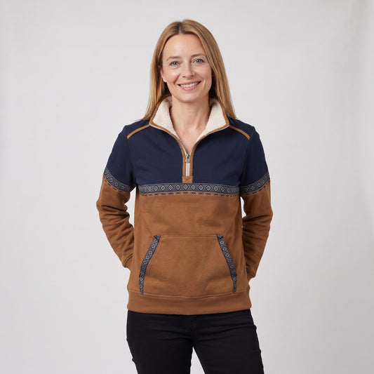 Woman wearing the half zip aztec fleece pullover with sherpa collar